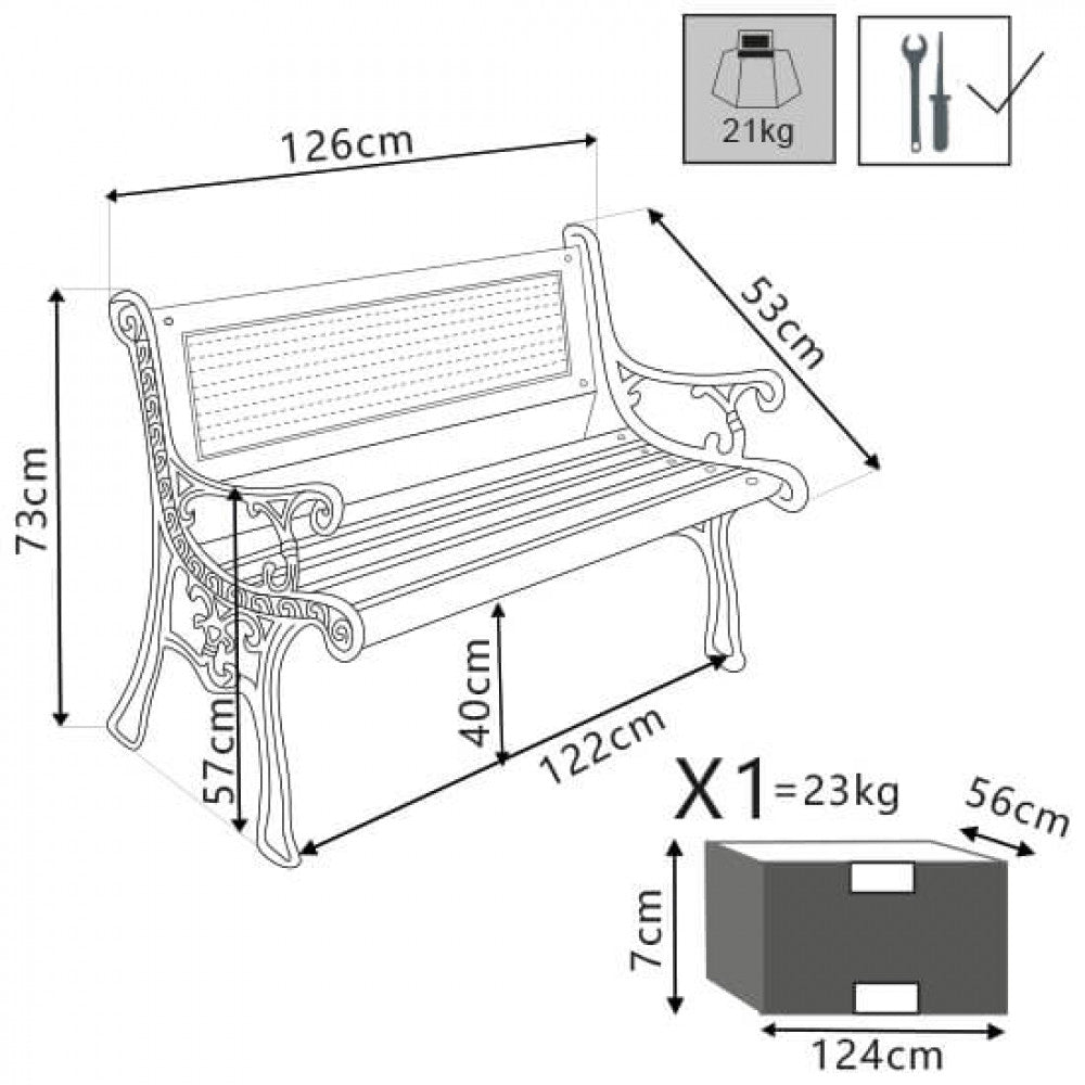 Panca in legno e ghisa Ginevra - Dimensioni: cm 126 x 53 x 73 h