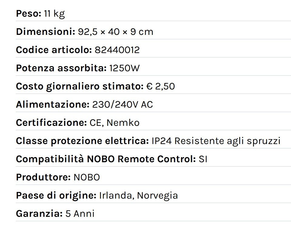 Radiatore elettrico norvegese NOBO 1250W perfetto per ambienti fino a 25 m², riscaldamento uniforme ed ecologico.