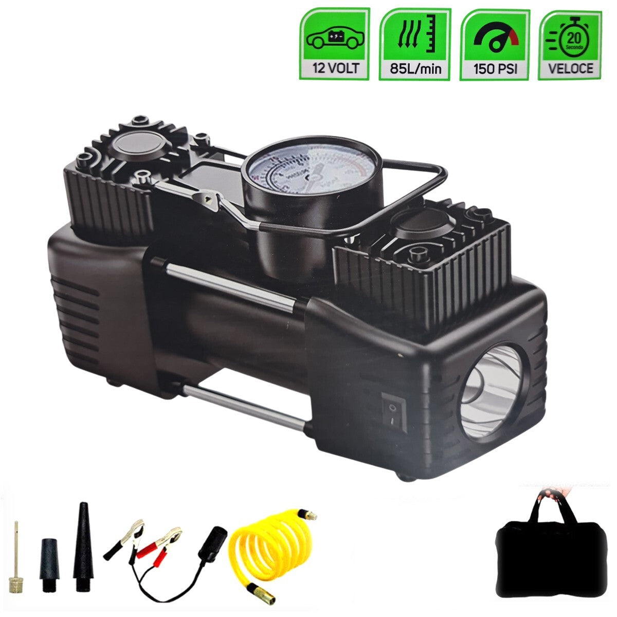 COMPRESSORE PORTATILE 12V 150 PSI MINI GONFIATORE RUOTE 85 LITRI/MIN MANOMETRO