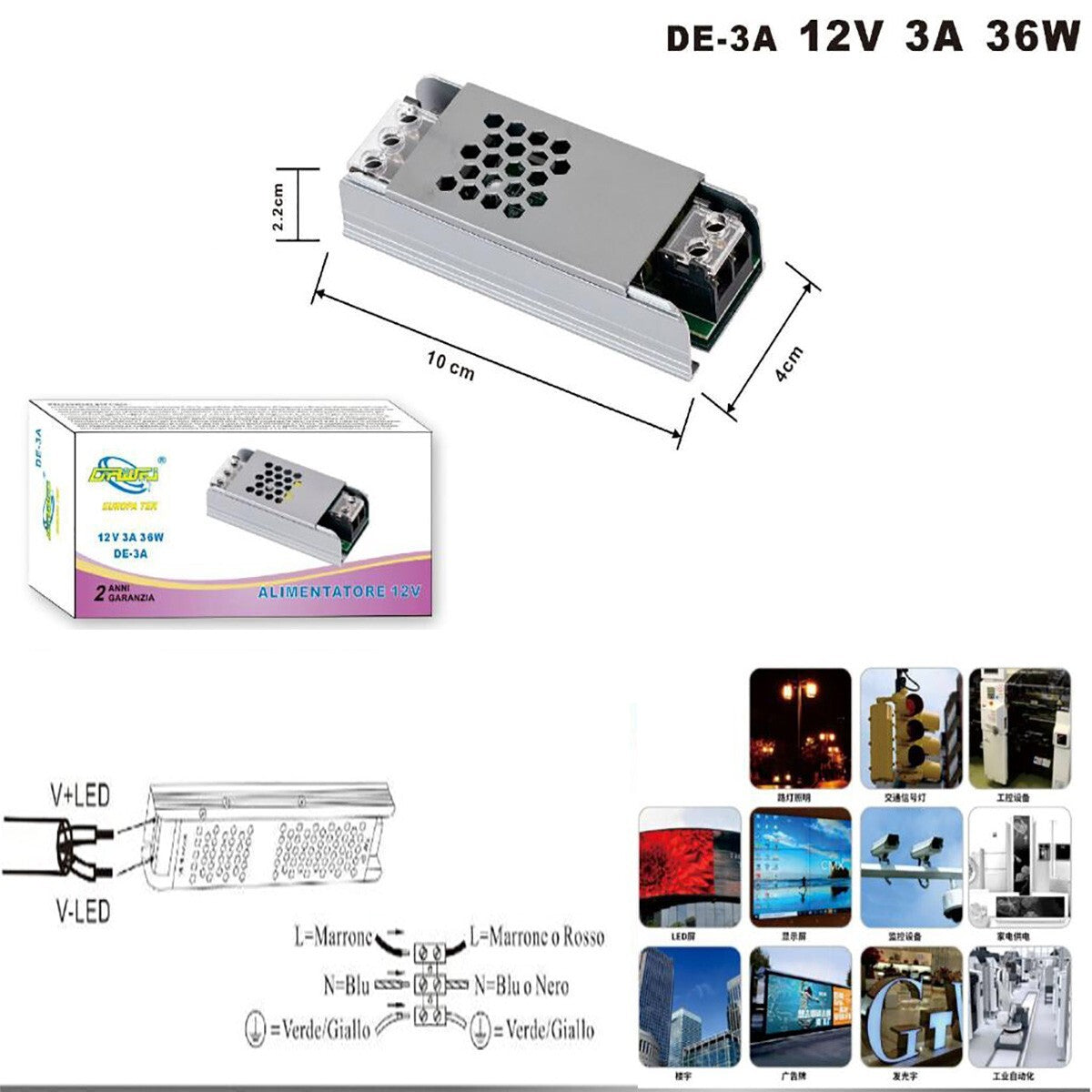 ALIMENTATORE TRASFORMATORE 12V PER STRISCIA TELECAMERE LED STABILIZZATORE 36W 3A