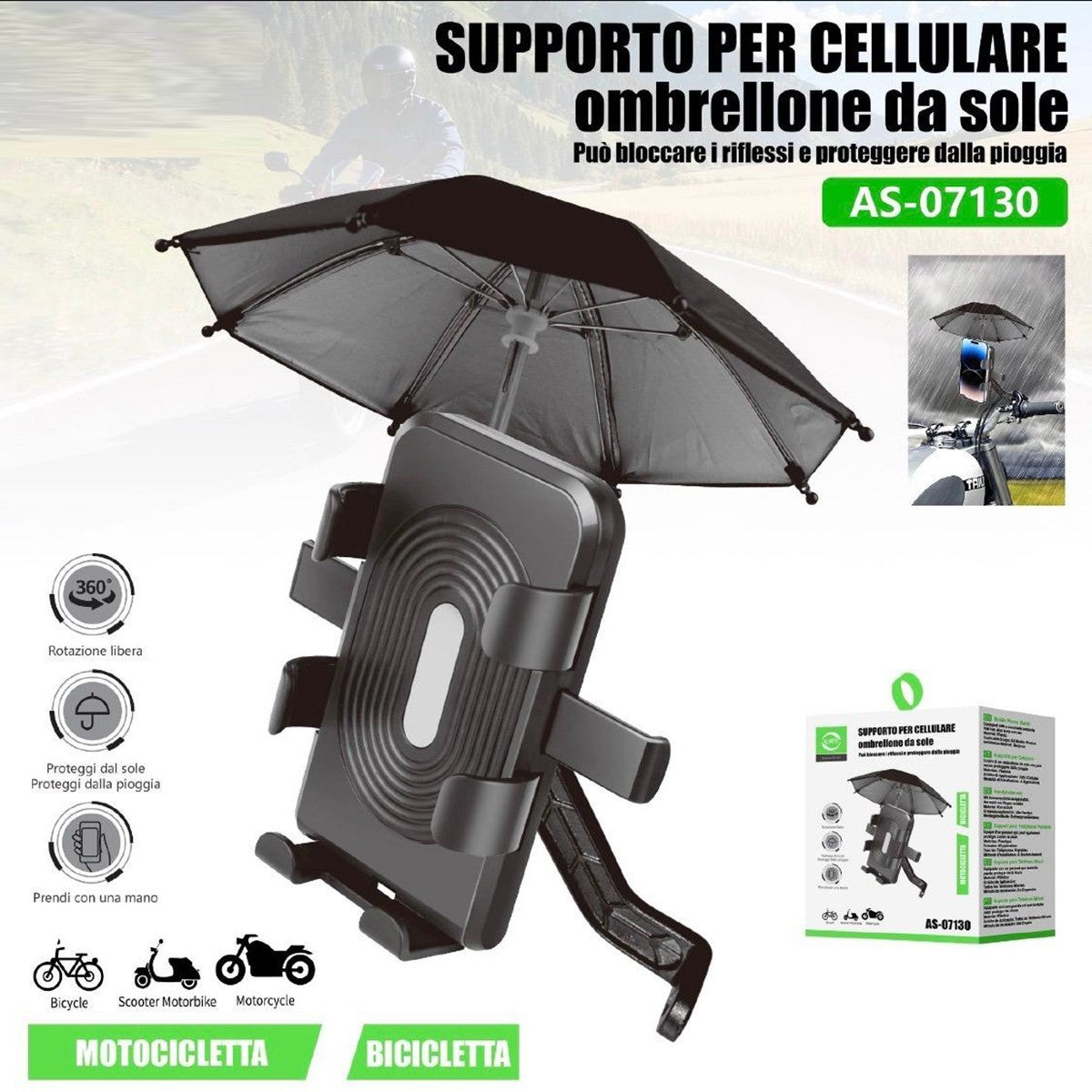 SUPPORTO PER CELLULARE CON OMBRELLO PARASOLE PER MOTO BICI SCOOTER AS-07130