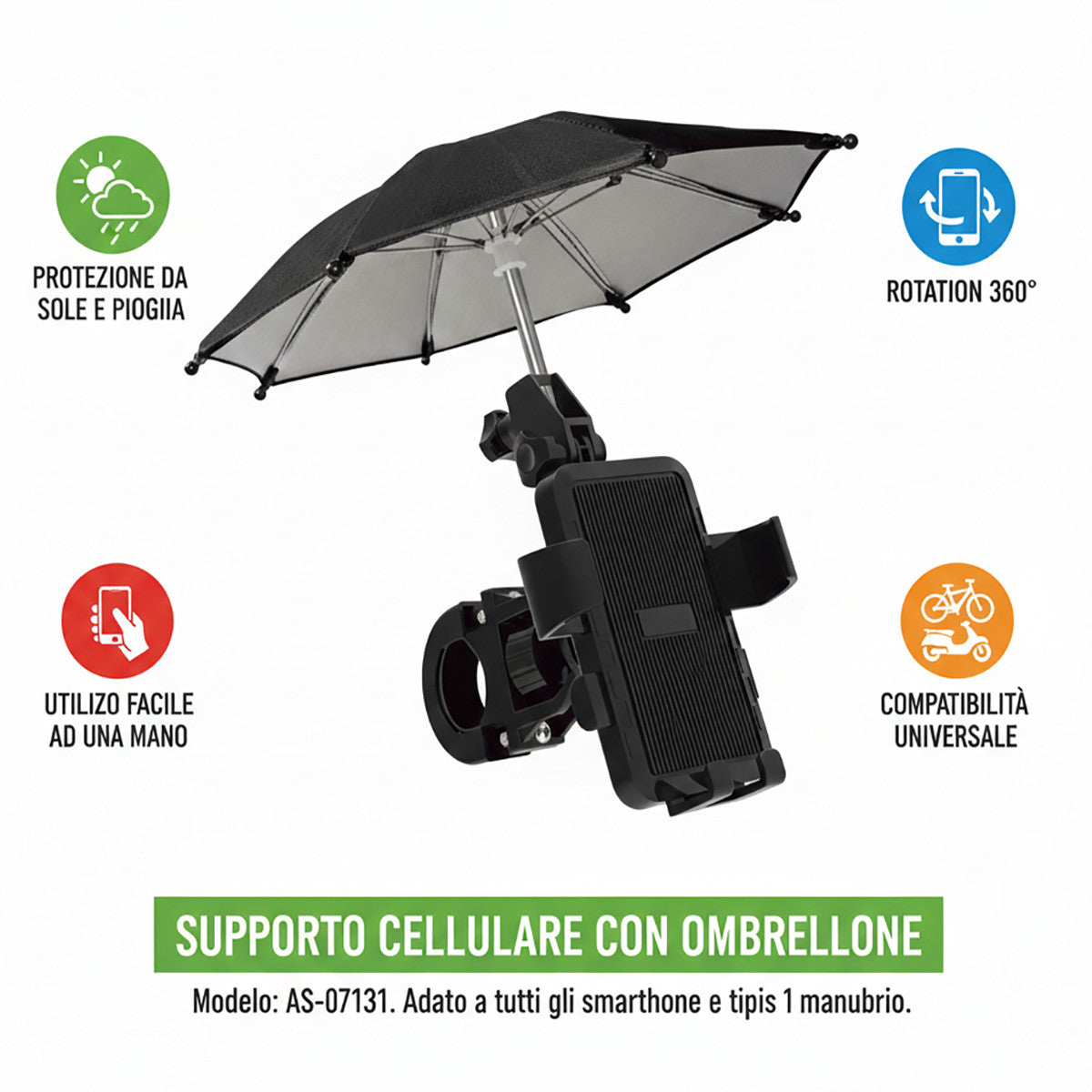 SUPPORTO PER CELLULARE CON OMBRELLO PARASOLE PER MOTO BICI SCOOTER AS-07131