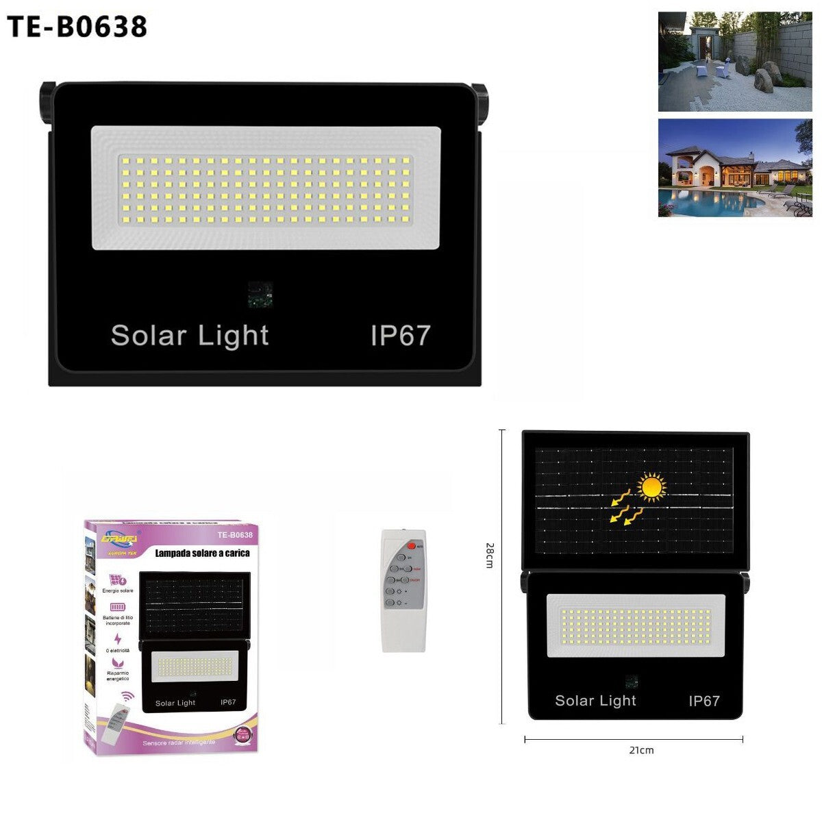 FARO LED FARETTO PANNELLO SOLARE CREPUSCOLARE IP67 126 LED TELECOMANDO TE-B0638
