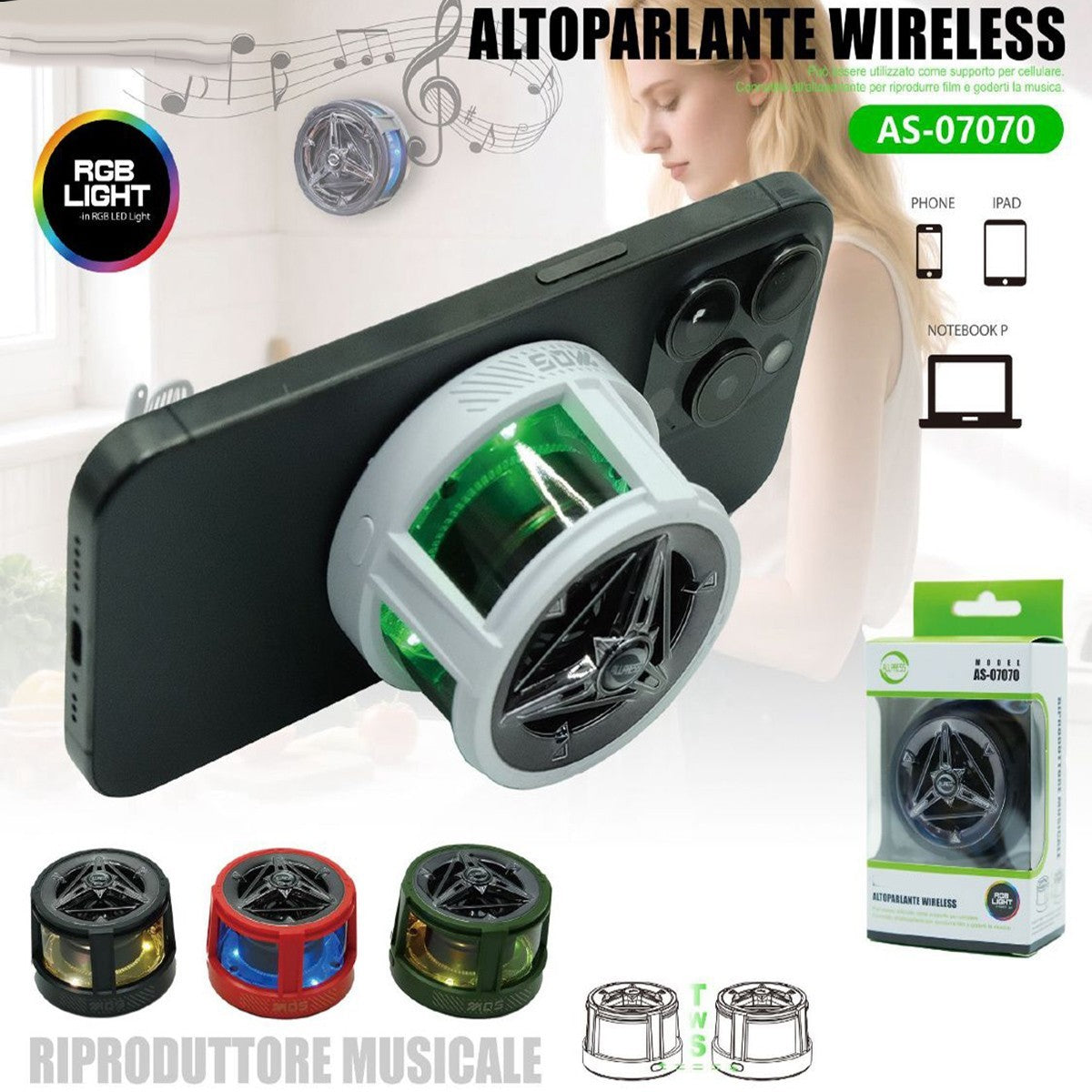 ALTOPARLANTE WIRELESS RGB BLUETOOTH PER smartphon AS-07070