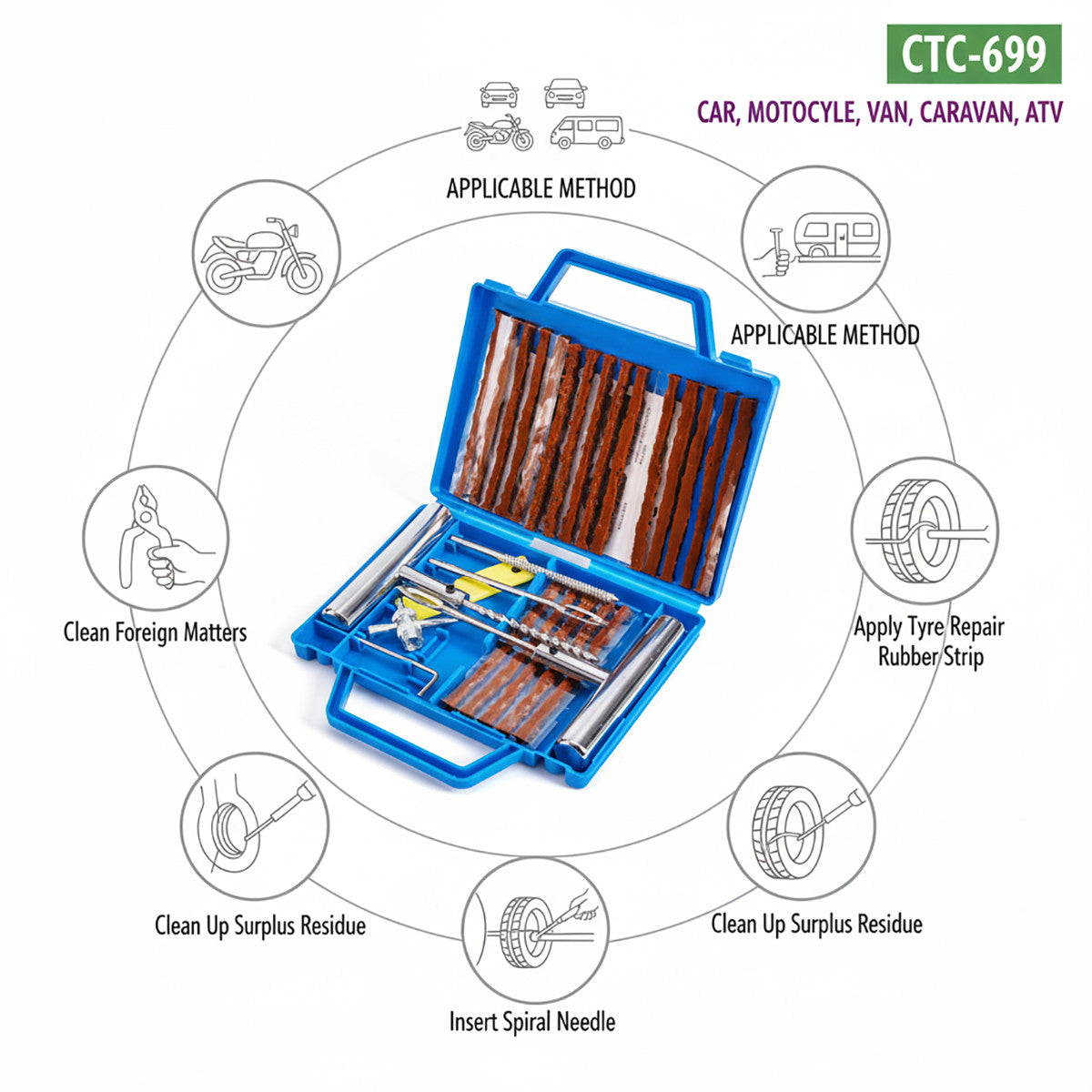 KIT PER RIPARAZIONE GOMME AUTO MOTO VAN TUBLESS EMERGENZA CON VALIGETTA CTC-699