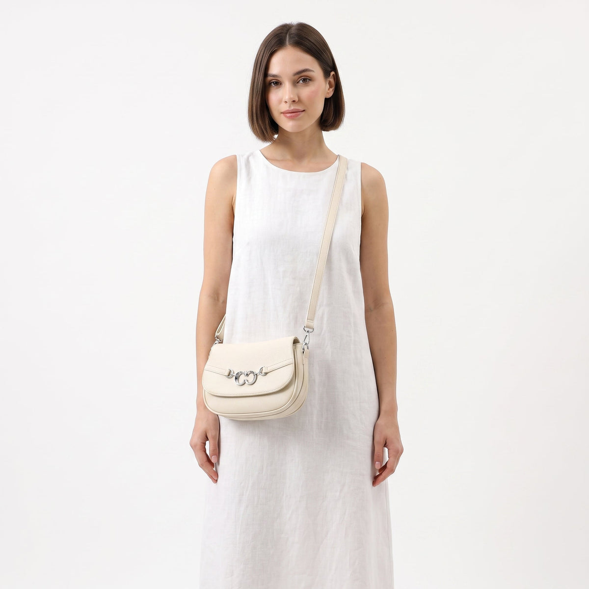 Charro Beige Saddle Bag with Double Logo Ring and Removable Shoulder Strap