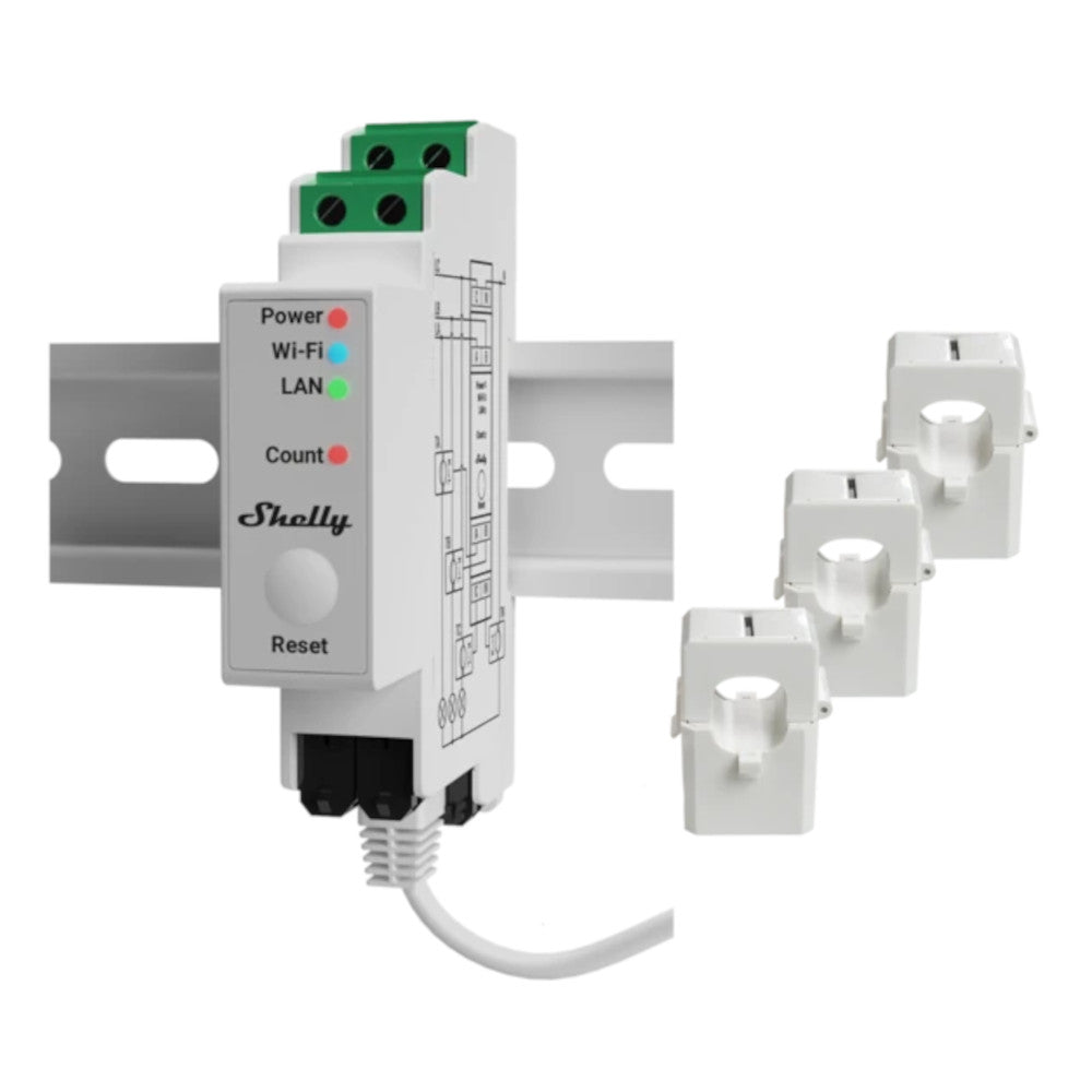 Shelly Pro 3EM 120A - Contatore energia DIN + 3 pinze120A