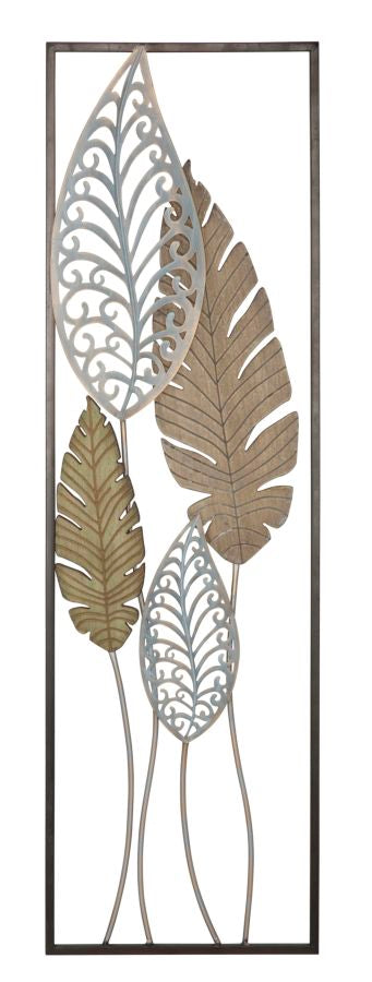 Pannello Decorativo in Metallo e Legno con Motivo di Foglie - cm 30,5x2,5x99,5