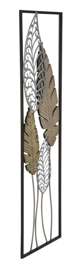 Pannello Decorativo in Metallo e Legno con Motivo di Foglie - cm 30,5x2,5x99,5