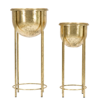 Paar Glam Blumenkübel aus vergoldetem Metall, Ø 27x62 und 21,5x52 cm