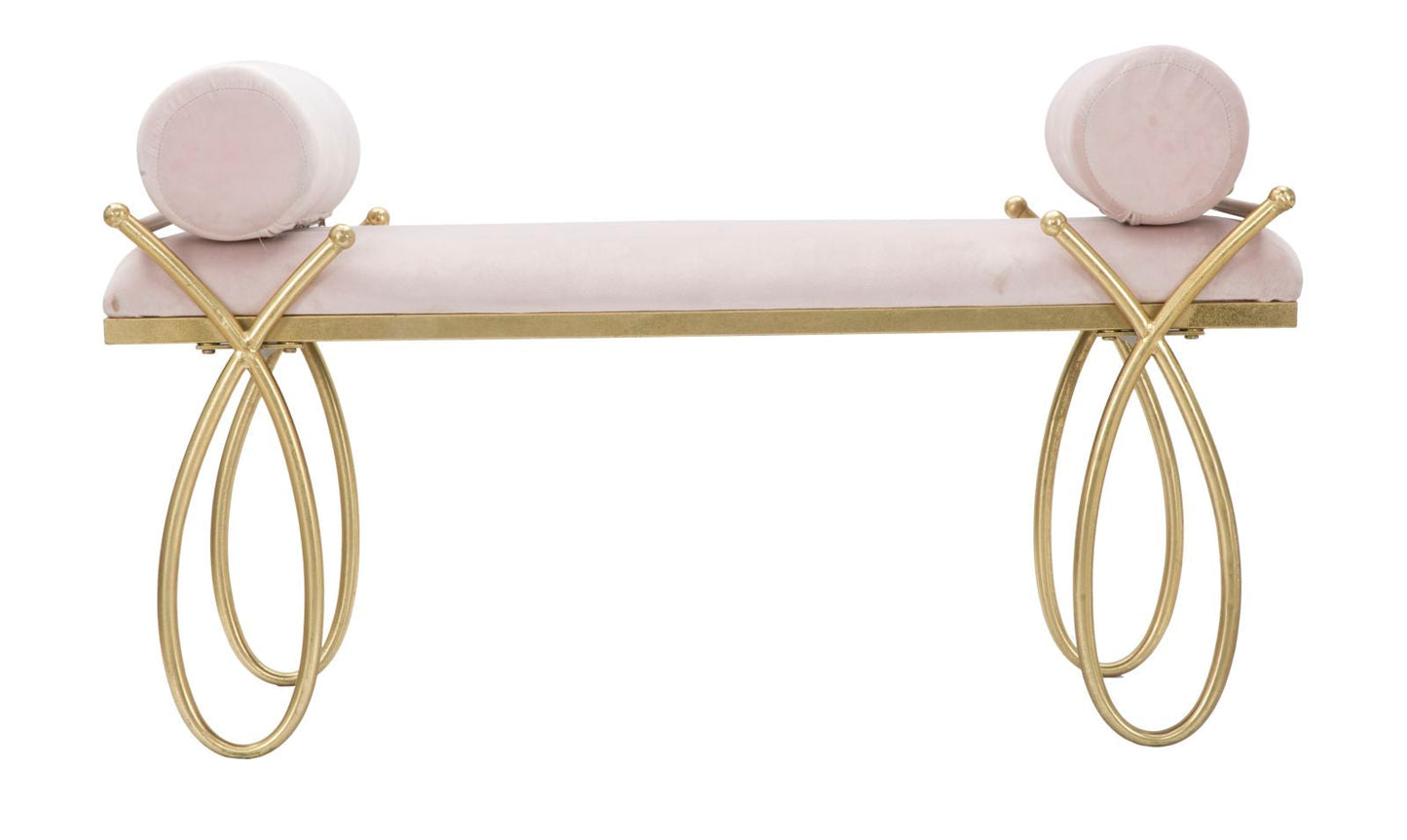 Elegante rosa Sitzbank aus Samt und goldenem Metall, 112,5x49x53 cm
