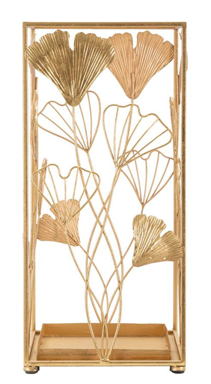 Eleganter Schirmständer aus goldfarbenem Metall mit Blumenverzierungen 22,5x22,5x48,5 cm