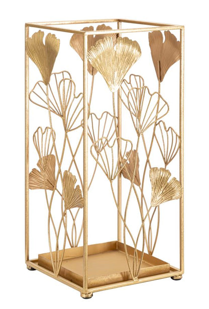 Eleganter Schirmständer aus goldfarbenem Metall mit Blumenverzierungen 22,5x22,5x48,5 cm