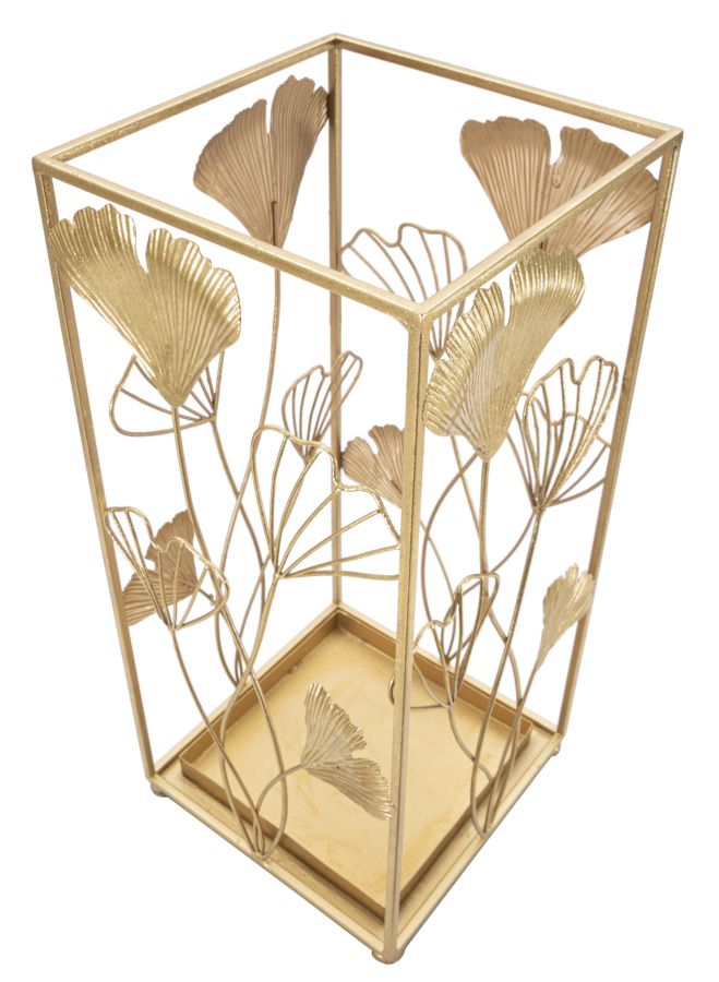 Eleganter Schirmständer aus goldfarbenem Metall mit Blumenverzierungen 22,5x22,5x48,5 cm