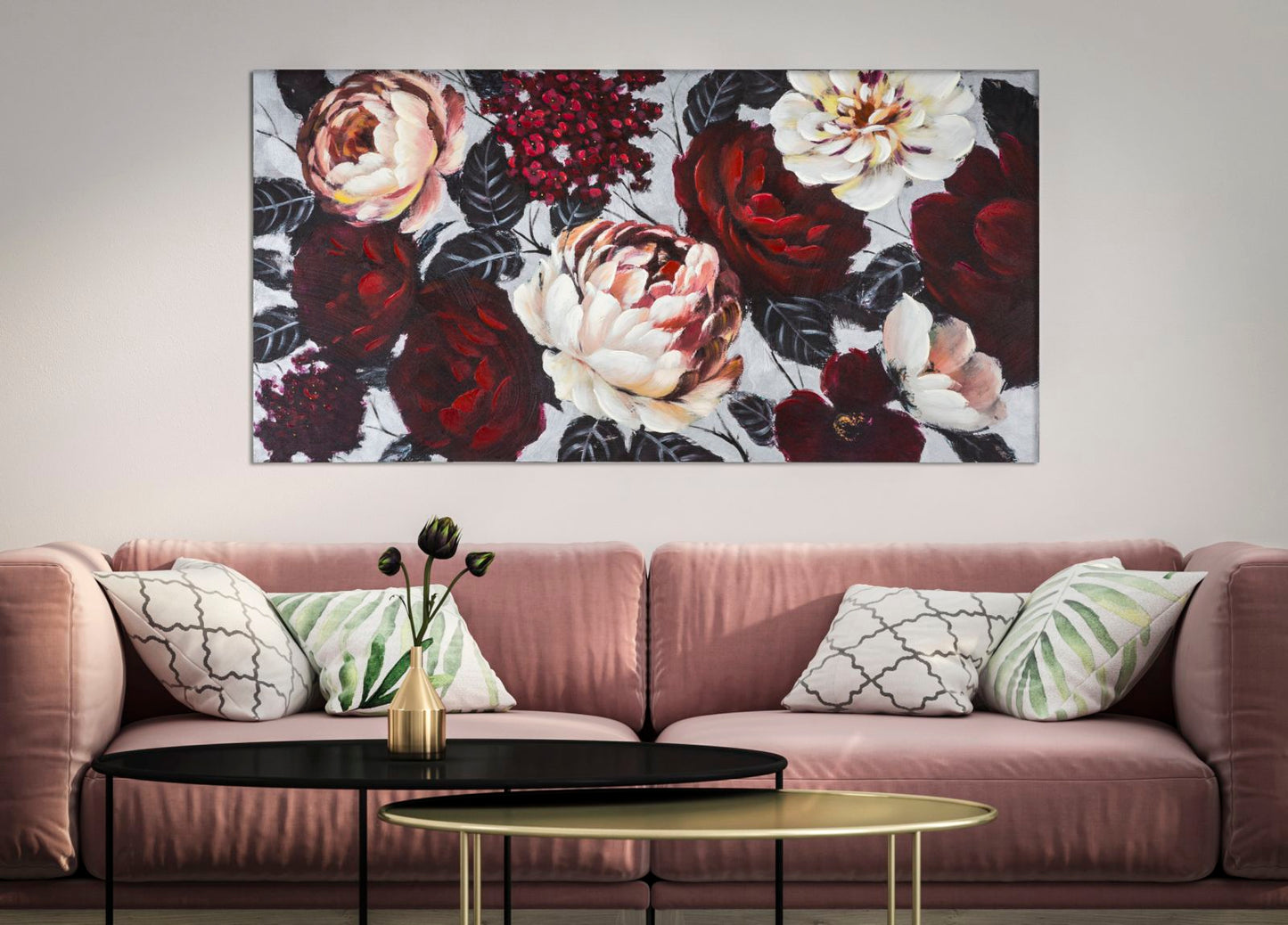 Gemälde auf Leinwand Weiße und rote Blumen mit hellem Hintergrund 150x3,8x76