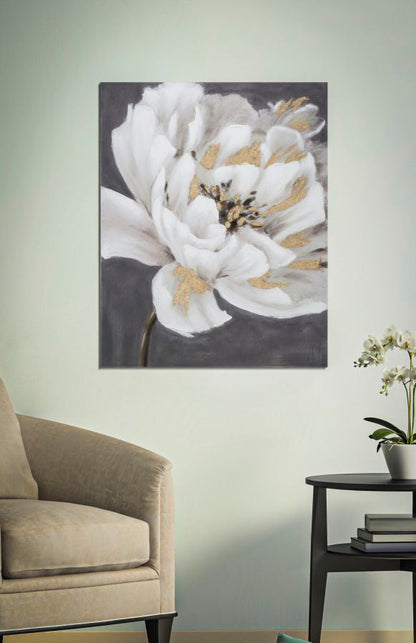 Elegantes florales Gemälde auf Leinwand Weiß/Gold 80x3,7x100 cm