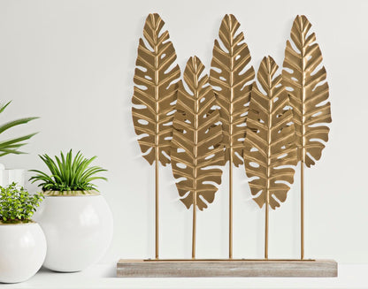 Skulptur Blatt Lang aus vergoldetem Metall 47x10x57,5 cm