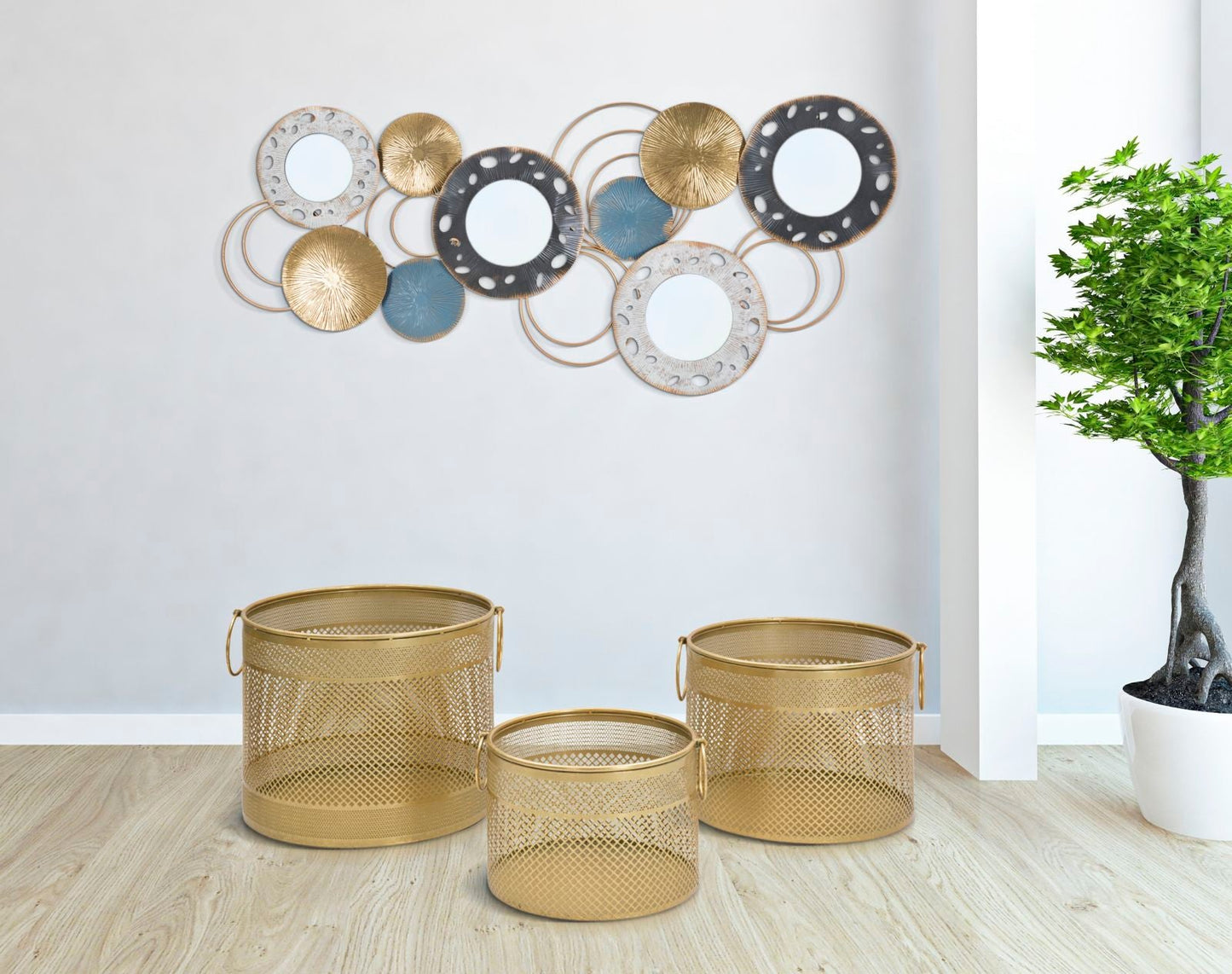 Set mit 3 Käfig-Blumenständern aus goldfarbenem Metall, Ø 40x34, 35x28 und 30x22 cm