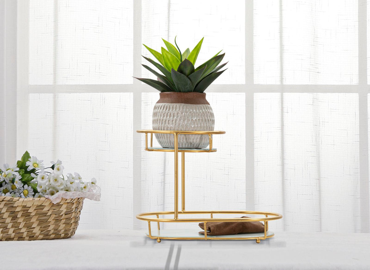 Elegant Two-Tier Valet Tray in Gilded Metal and Mirror Glass