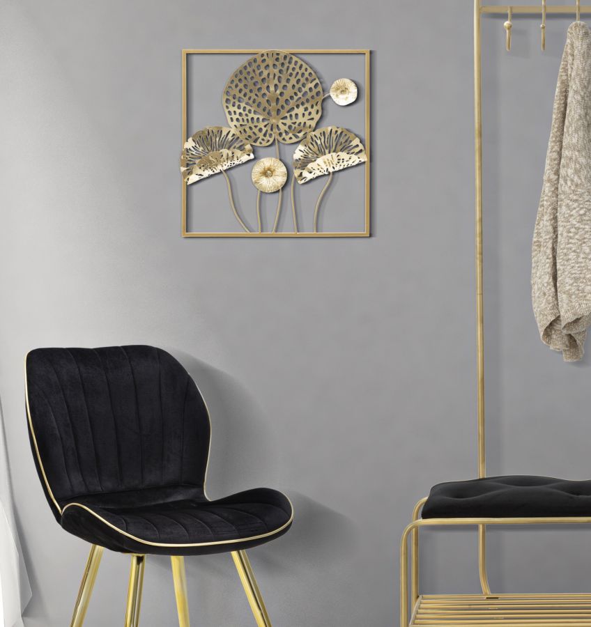 Pannello Decorativo in Ferro con Fiori Dorati cm 50x5x50