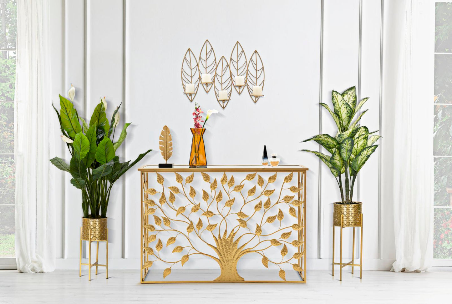 Elegante Konsole aus vergoldetem Metall mit verspiegelter Glasplatte 120x40x80 cm
