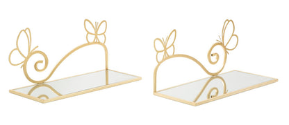 Mensole Butterfly in Metallo Dorato con Ripiano in Vetro a Specchio - Coppia Elegante cm 41,5x18x21