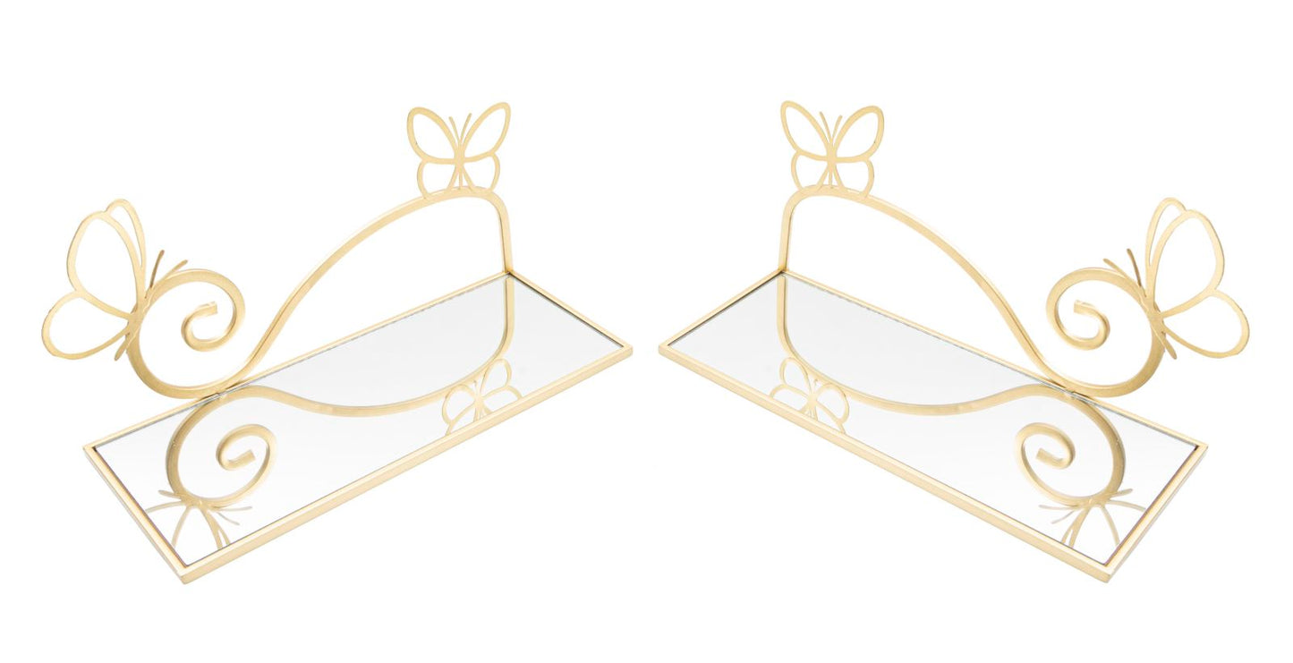 Mensole Butterfly in Metallo Dorato con Ripiano in Vetro a Specchio - Coppia Elegante cm 41,5x18x21