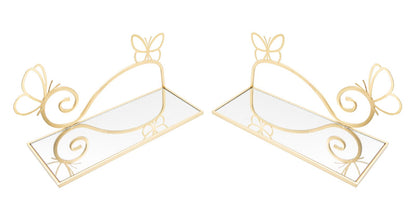 Mensole Butterfly in Metallo Dorato con Ripiano in Vetro a Specchio - Coppia Elegante cm 41,5x18x21