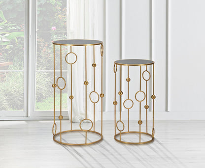 Paar runder Couchtische aus goldfarbenem Metall mit Spiegelglasplatte