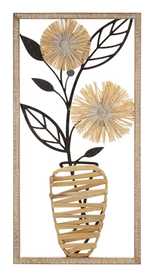 Pannello decorativo in ferro e legno con vaso di fiori cm 40x3,5x80