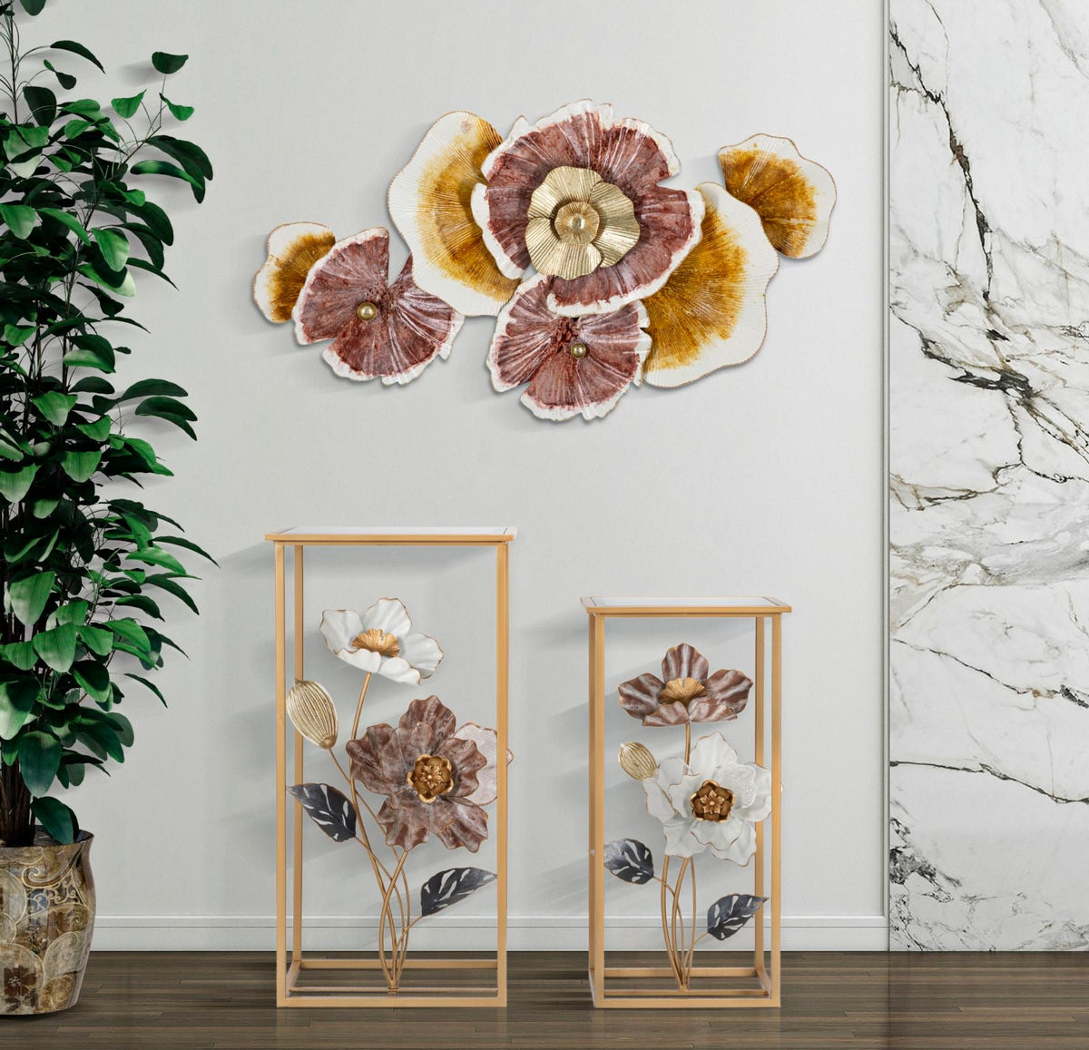 Pair of Elegant Flower Side Tables 36x36x70 cm and 30x30x60 cm