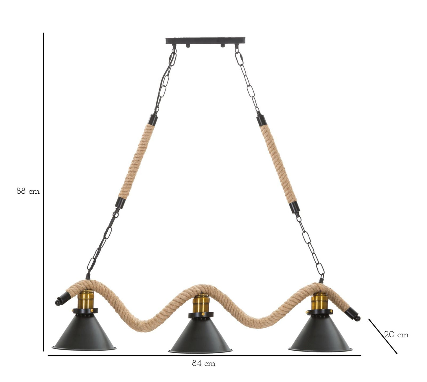 Lampadario Elegante a 3 Luci in Metallo e Corda 84x20x88 cm