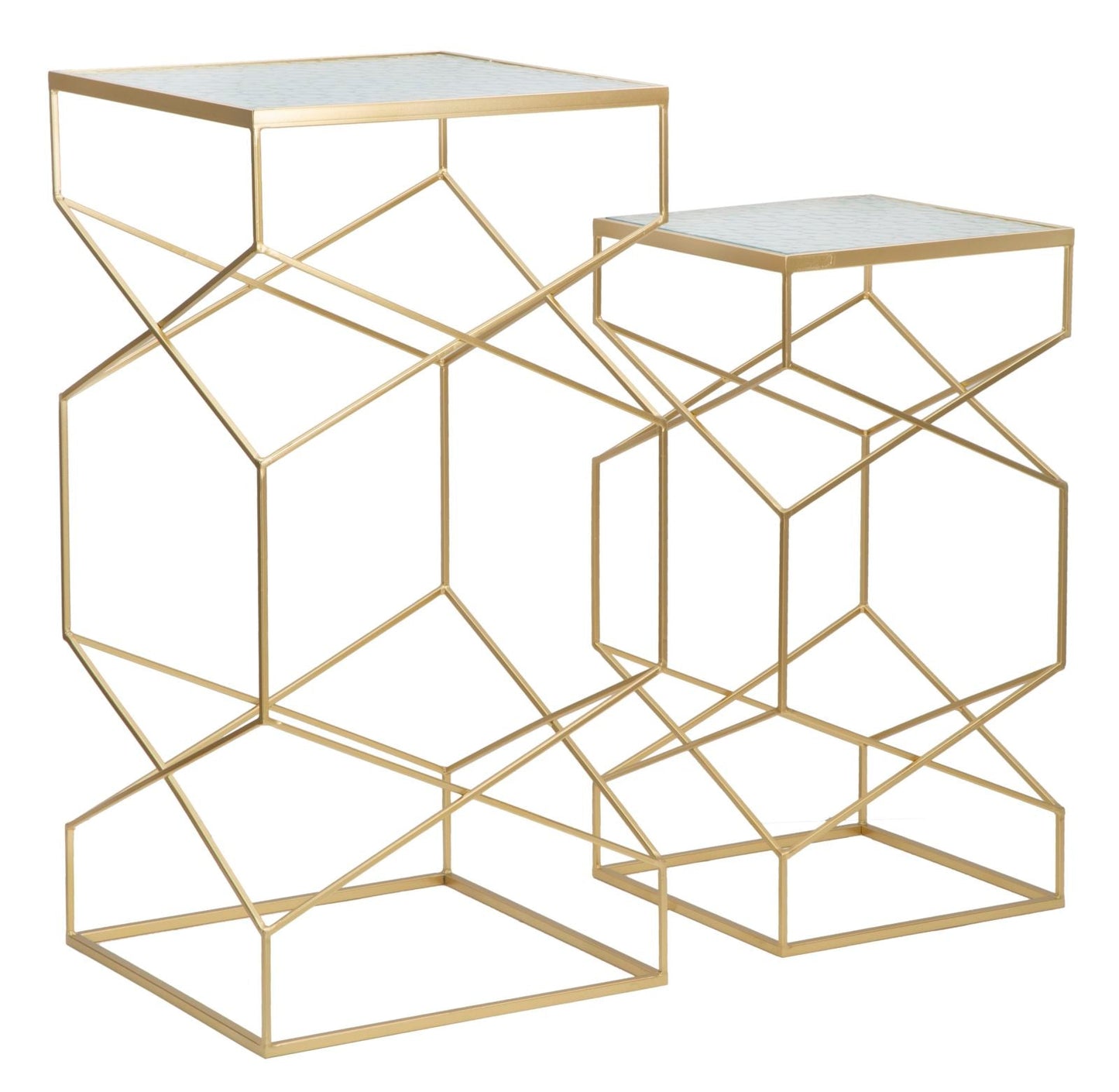 Paar Beistelltische aus Glas mit goldfarbenem Gestell - Abmessungen 50x50x100 cm und 40x40x80 cm