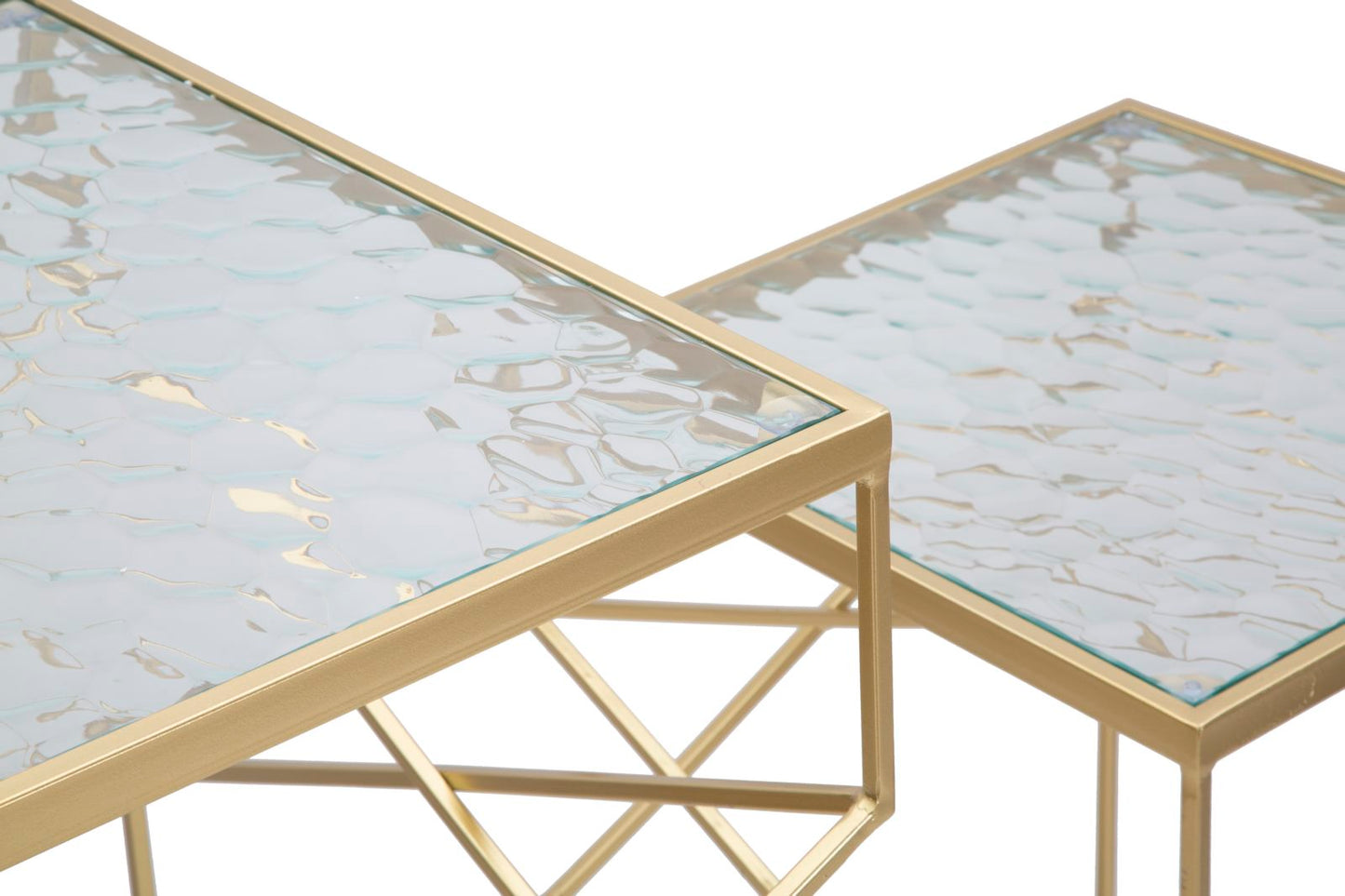Paar Beistelltische aus Glas mit goldfarbenem Gestell - Abmessungen 50x50x100 cm und 40x40x80 cm