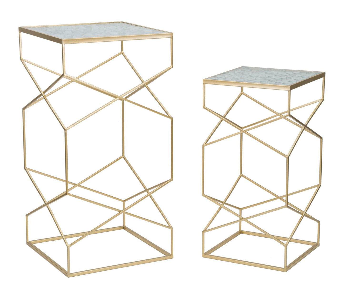 Paar Beistelltische aus Glas mit goldfarbenem Gestell - Abmessungen 50x50x100 cm und 40x40x80 cm
