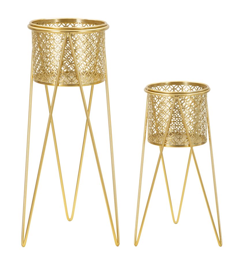 Elegantes Metallvasenpaar mit goldenem Ständer 21x20x46 cm und 18x18x32 cm