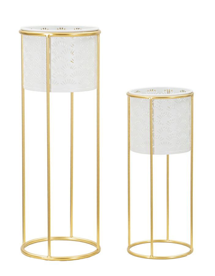 Coppia di Vasi Whity in Metallo Bianco con Supporto Dorato cm ø 17x46-14x34