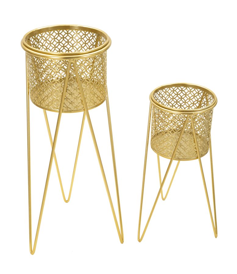 Elegantes Metallvasenpaar mit goldenem Ständer 21x20x46 cm und 18x18x32 cm