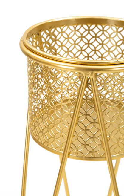 Elegantes Metallvasenpaar mit goldenem Ständer 21x20x46 cm und 18x18x32 cm