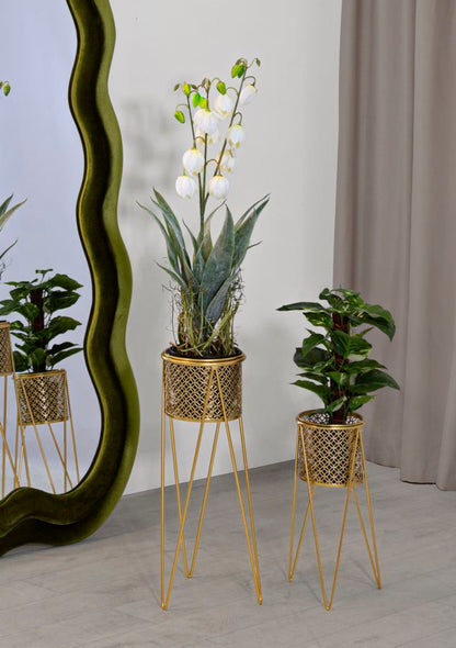 Elegantes Metallvasenpaar mit goldenem Ständer 21x20x46 cm und 18x18x32 cm
