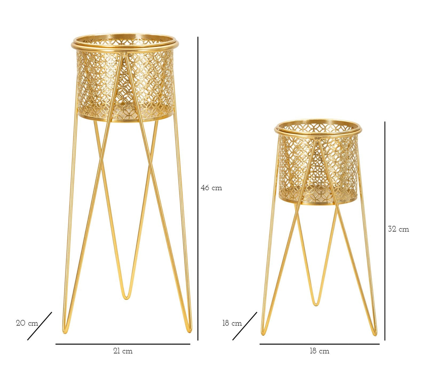 Elegantes Metallvasenpaar mit goldenem Ständer 21x20x46 cm und 18x18x32 cm