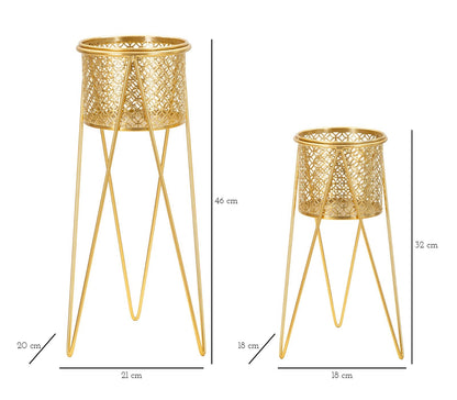 Elegantes Metallvasenpaar mit goldenem Ständer 21x20x46 cm und 18x18x32 cm
