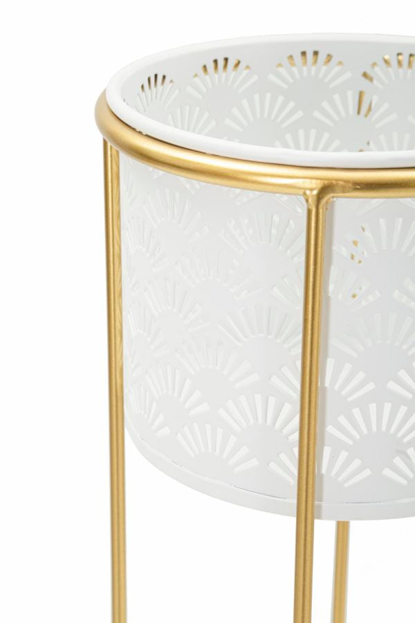 Coppia di Vasi Whity in Metallo Bianco con Supporto Dorato cm ø 17x46-14x34