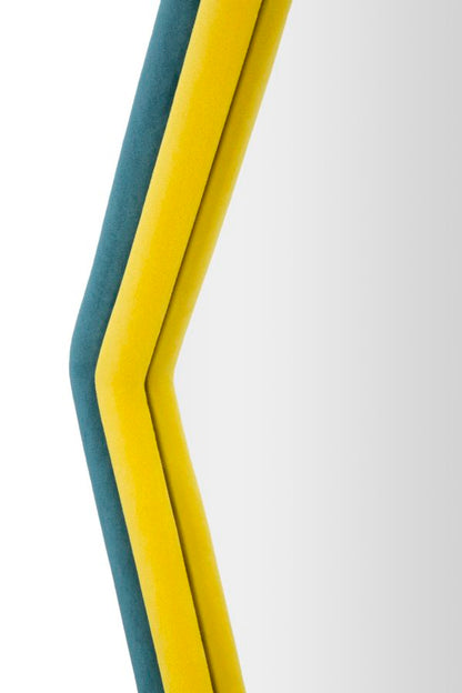 Wandspiegel Tony, sechseckig, aus blauem und gelbem Samt, 75x4x80 cm