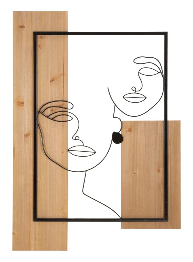 Faces decorative panel in 3D iron and wood, 63x2x90 cm