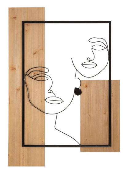 Faces decorative panel in 3D iron and wood, 63x2x90 cm