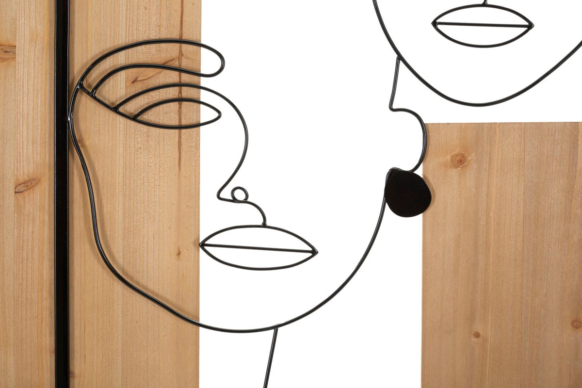 Faces decorative panel in 3D iron and wood, 63x2x90 cm