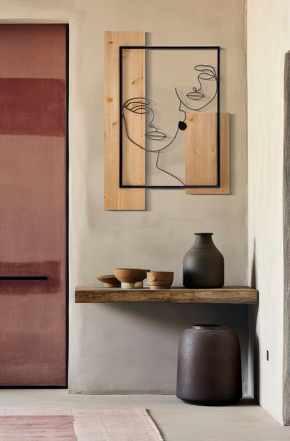 Faces decorative panel in 3D iron and wood, 63x2x90 cm