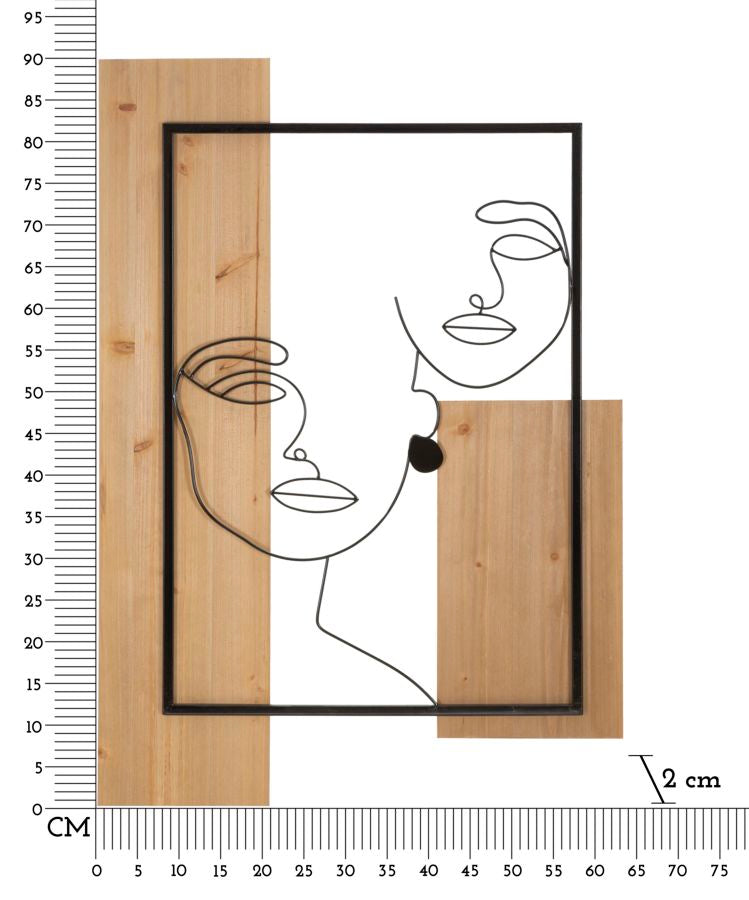 Faces decorative panel in 3D iron and wood, 63x2x90 cm