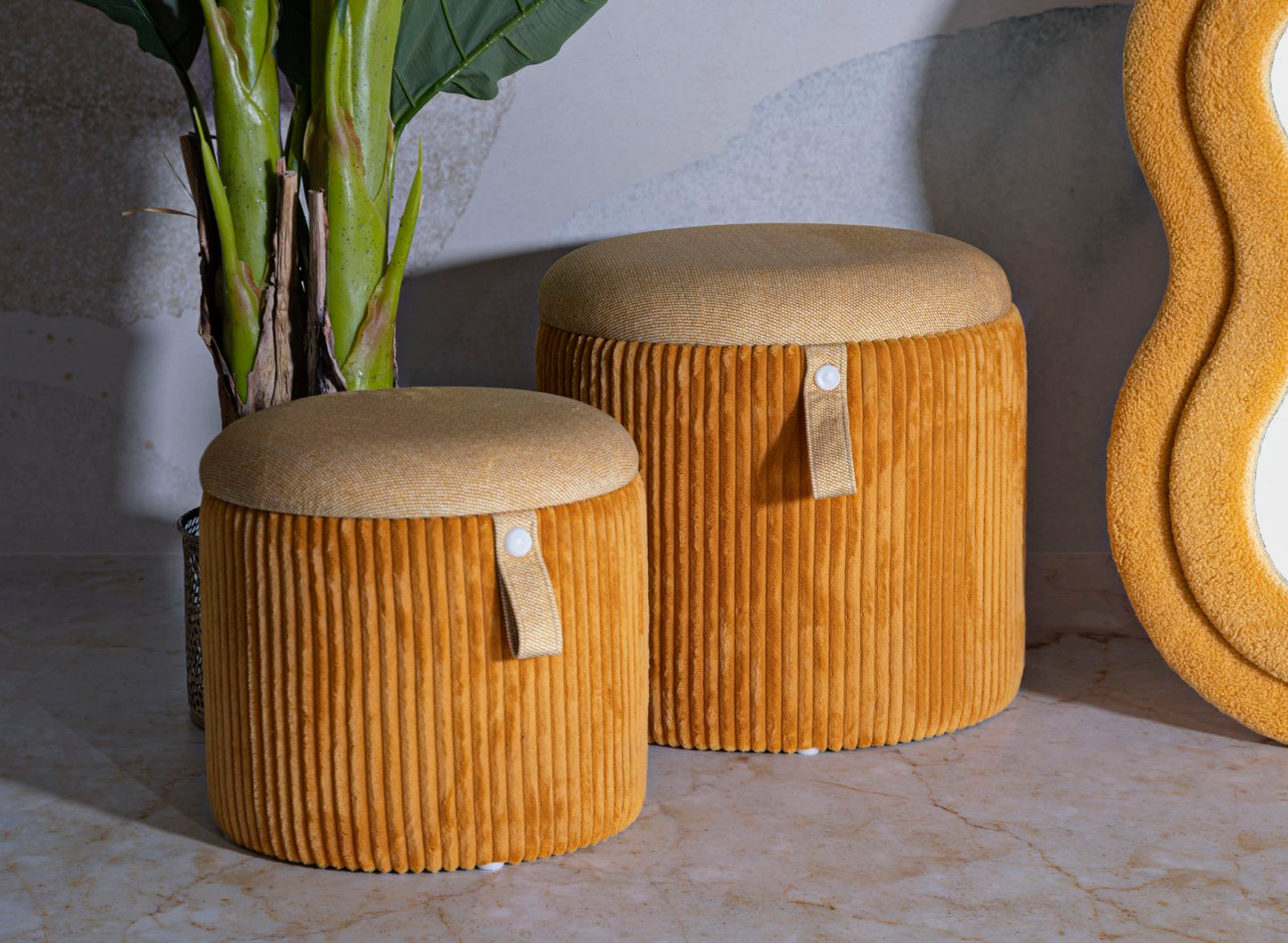 Pouf mit Stauraum Bozen Senf, 2er-Set, Ø 38x38-32x28